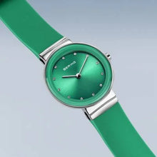 Load image into Gallery viewer, Bering Classic Watch with polished silver case and Green Silicon strap