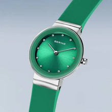 Load image into Gallery viewer, Bering Classic Watch with polished silver case and Green Silicon strap