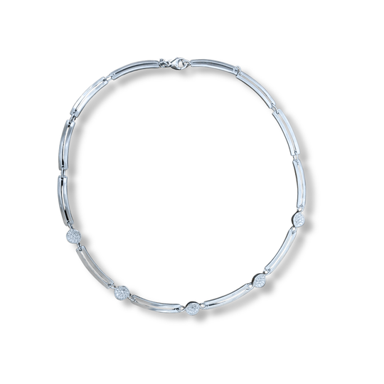 Sterling Silver Box Link Collar Necklace with Cubic Zirconia Discs