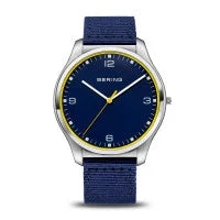 Load image into Gallery viewer, Bering Ultra Slim Polished Silver Mens Watch Blue Face Nato Strap
