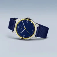 Load image into Gallery viewer, Bering Ultra Slim Polished Silver Mens Watch Blue Face Nato Strap