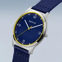 Load image into Gallery viewer, Bering Ultra Slim Polished Silver Mens Watch Blue Face Nato Strap