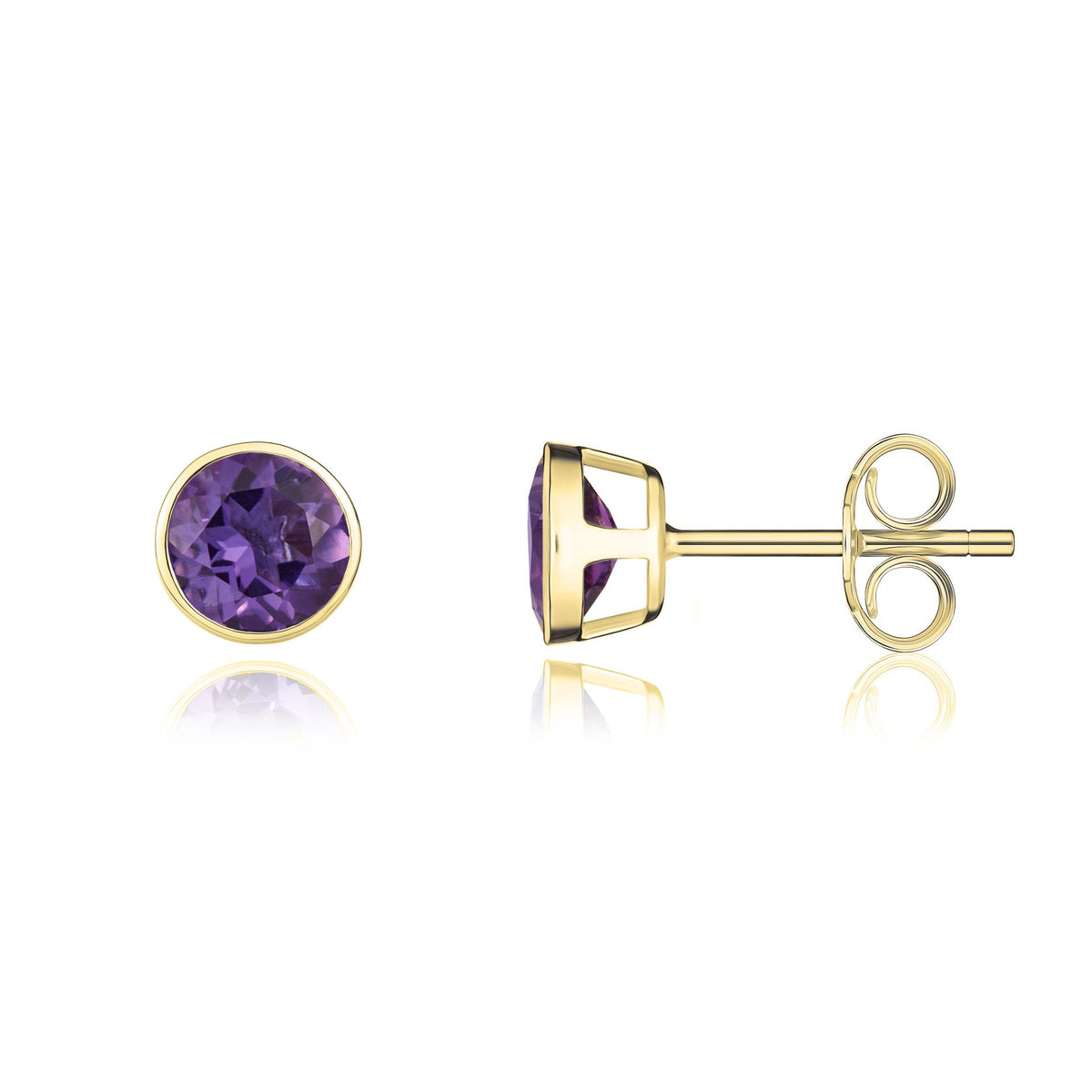 9ct Yellow Gold Round Amethyst Rubover set Earrings