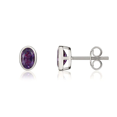 9ct White Gold Oval Amethyst Rubover set Earrings, view 2