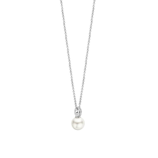 Sterling Silver 8mm Pearl and Cubic Zirconia Pendant Necklace, view 4