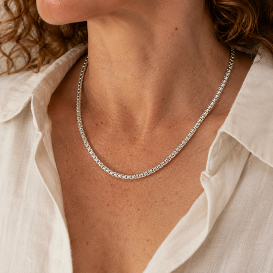 Sterling Silver Heavy Square Box Link Necklace, view 2