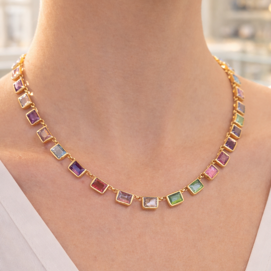 Gold Vermeil Multi-Gemstone Rectangular Necklace Bracelet Earrings Set