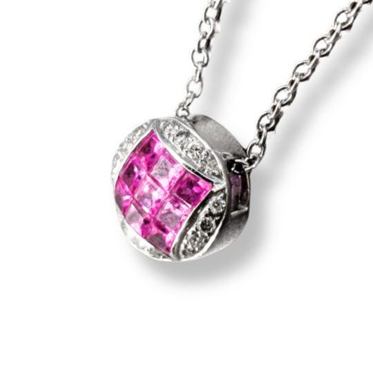 Pink Sapphire and Diamond 18ct White Gold pendant on a white background. The pendant is round with a square of 9 pink saphires in the middle and the outside filled in with 16 smaller diamonds