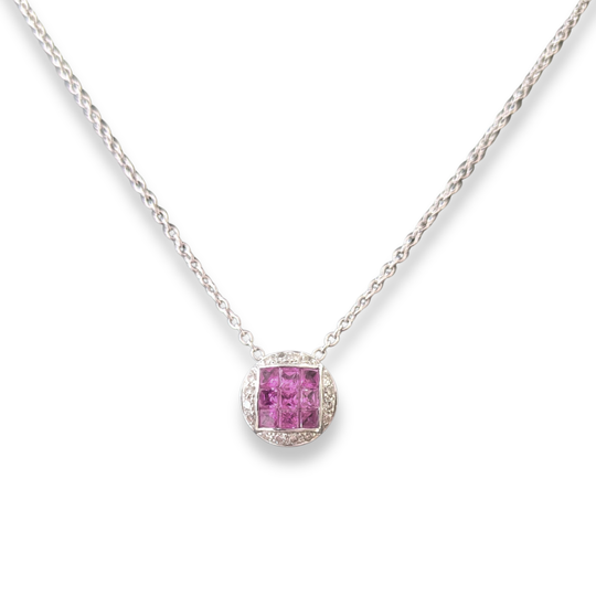 Pink Sapphire and Diamond 18ct White Gold pendant on a white background. The pendant is round with a square of 9 pink saphires in the middle and the outside filled in with 16 smaller diamonds. It is shown on a white gold chain which can be purchased separately