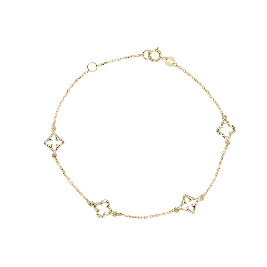 A delicate gold chain bracelet featuring four openwork clover motifs spaced along the chain, displayed on a clean white background.