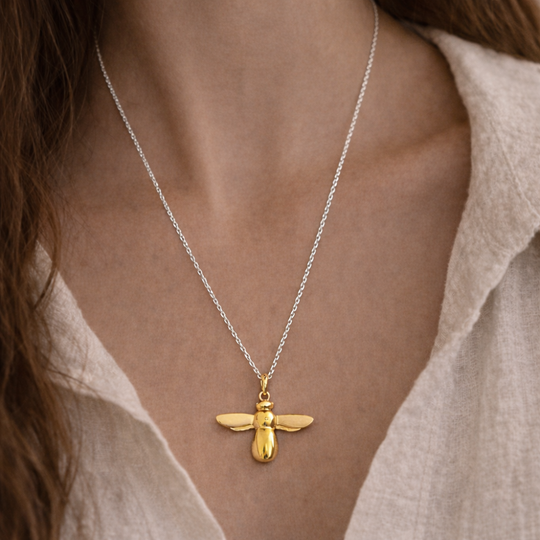 Yellow Gold Vermeil Bee Pendant on Sterling Silver Long Chain, view 2