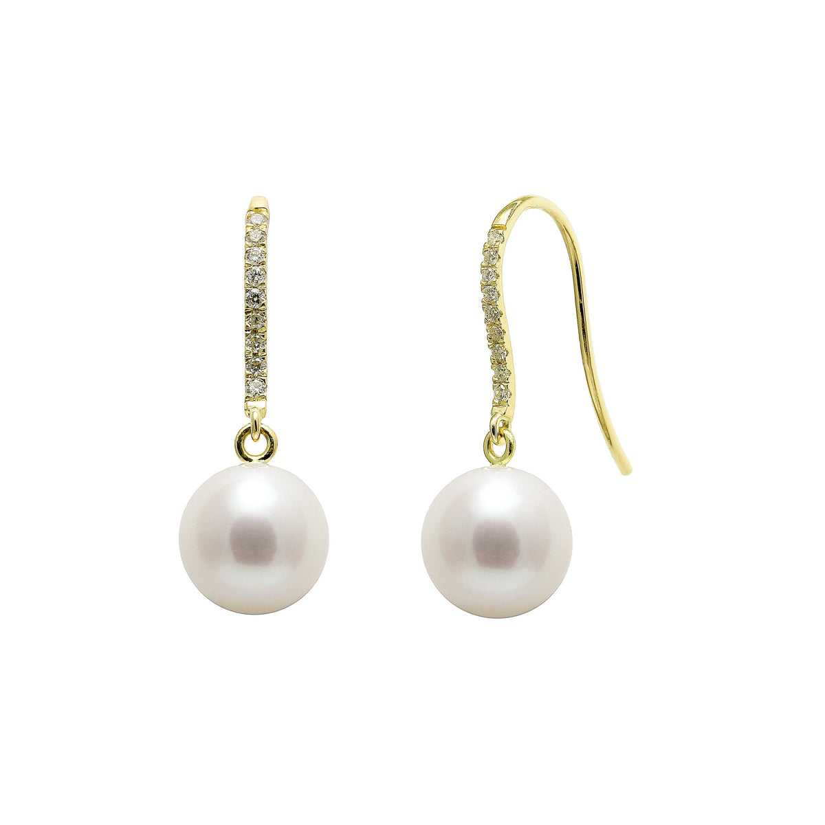 18ct Yellow Gold Diamond Set Cultured Pearl Earring Drops, view 2