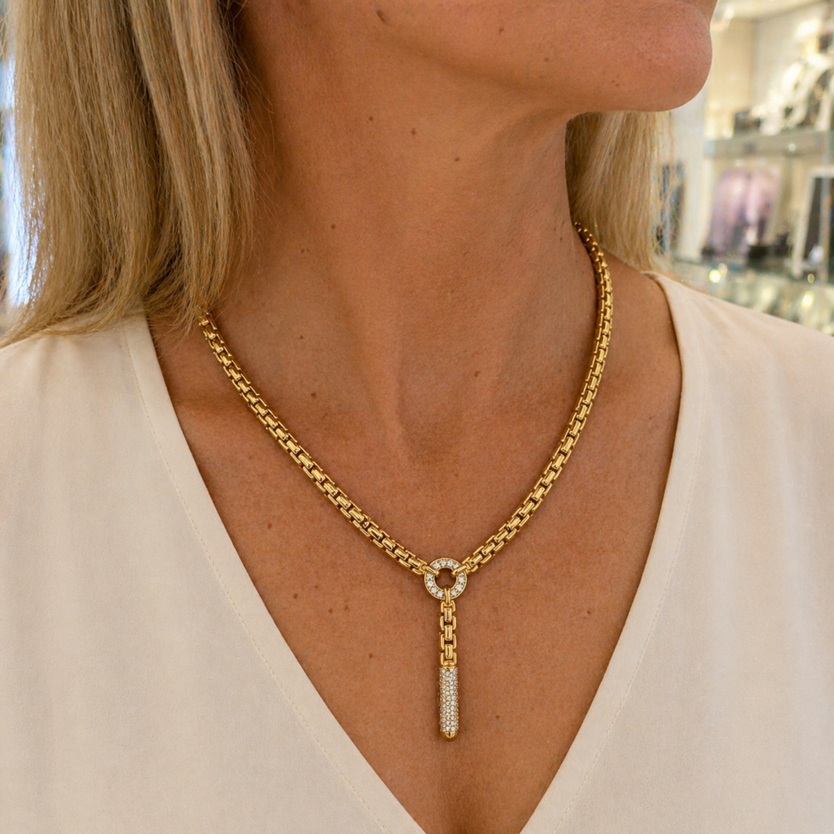 Gold Vermeil Y-Drop Necklace with Cubic Zirconia Detail, view 3
