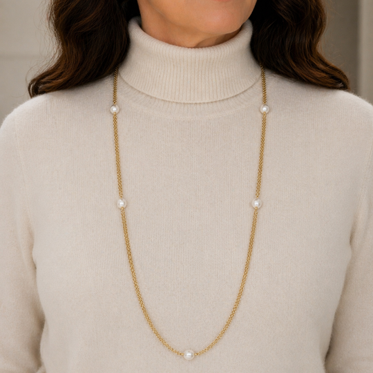 Gold Vermeil Double Chain Necklace with Fixed Pearls