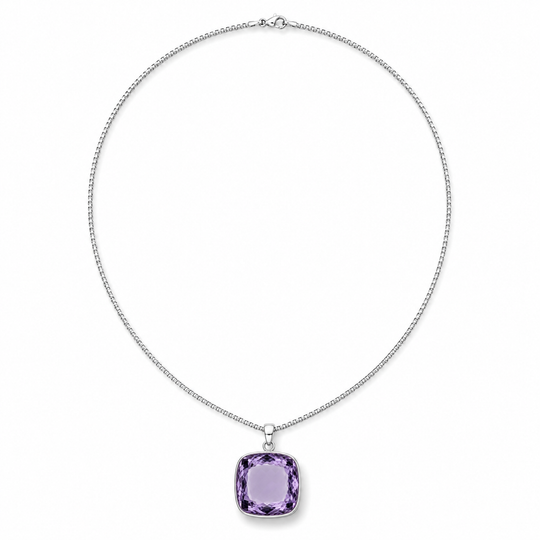 Sterling Silver Extra Large Amethyst Coloured Synthetic Quartz Pendant with Sterling Silver Box Chain, view 3