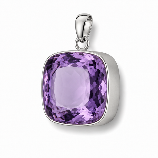 Sterling Silver Extra Large Amethyst Coloured Synthetic Quartz Pendant with Sterling Silver Box Chain, view 4