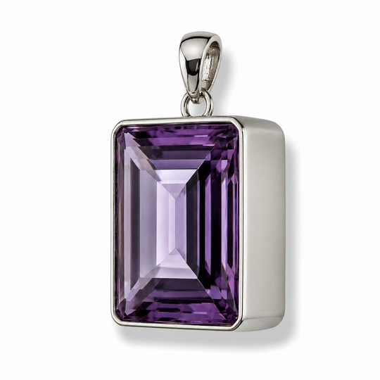 Sterling Silver Extra Large Oblong Amethyst Coloured Synthetic Quartz Pendant
