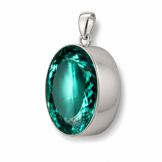 Sterling Silver Extra Large Oval Jade Colour Synthetic Quartz Pendant