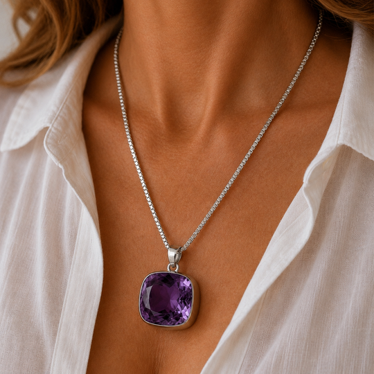 Sterling Silver Extra Large Amethyst Coloured Synthetic Quartz Pendant with Sterling Silver Box Chain, view 2