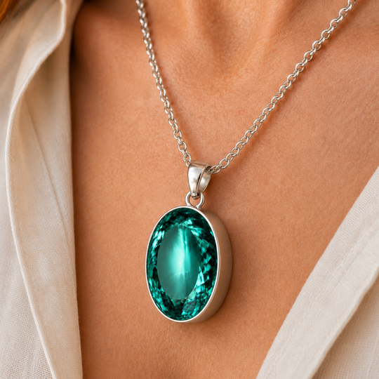 Sterling Silver Extra Large Oval Jade Colour Synthetic Quartz Pendant, view 2