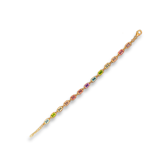 Gold Vermeil Link Bracelet with Multicoloured rectangular stones on a white background