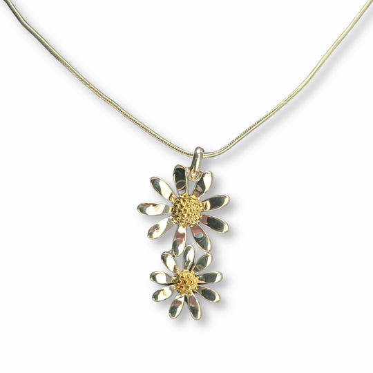 Sterling Silver Double Daisy Pendant Necklace on Snake Chain