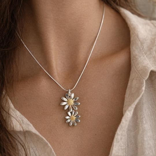 Sterling Silver Double Daisy Pendant Necklace on Snake Chain, view 3