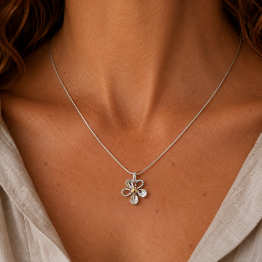 Sterling Silver Open Flower Pendant Necklace with Gold Vermeil Centre, view 2