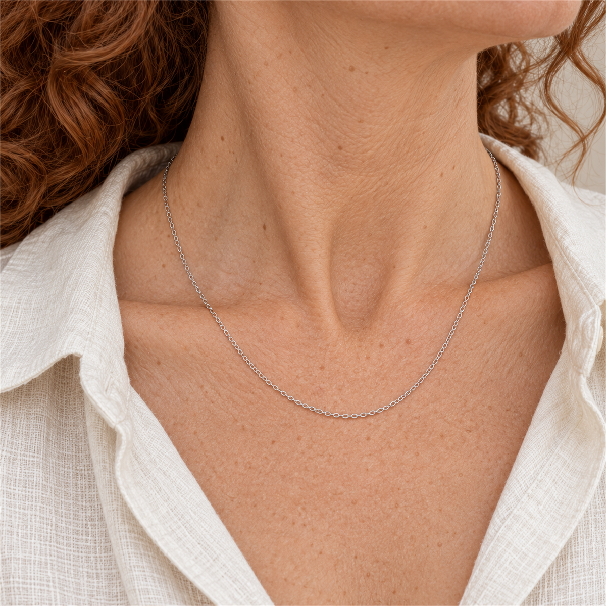 9ct White Gold 1.23mm Trace Chain, Adjustable 16, 17 or 18 Inches worn by the Urban Armour model with cream linen shirt
