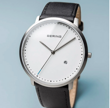 Load image into Gallery viewer, Classic Brushed Silver Bering Watch with Black Leather strap