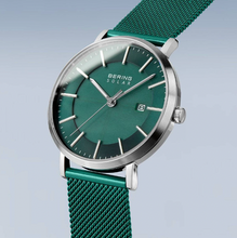 Load image into Gallery viewer, Bering Solar Brushed Silver and Green -  Mens Watch with date