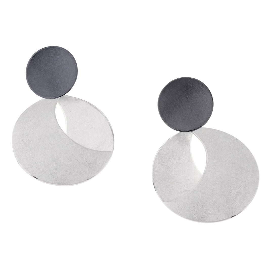 Oxidised and Silver Overlapping Disc Earrings