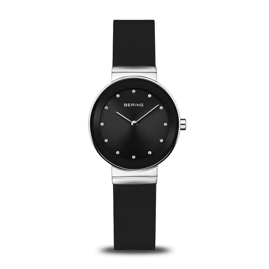 Bering Small Classic Watch with polished silver case and Black Silicon strap