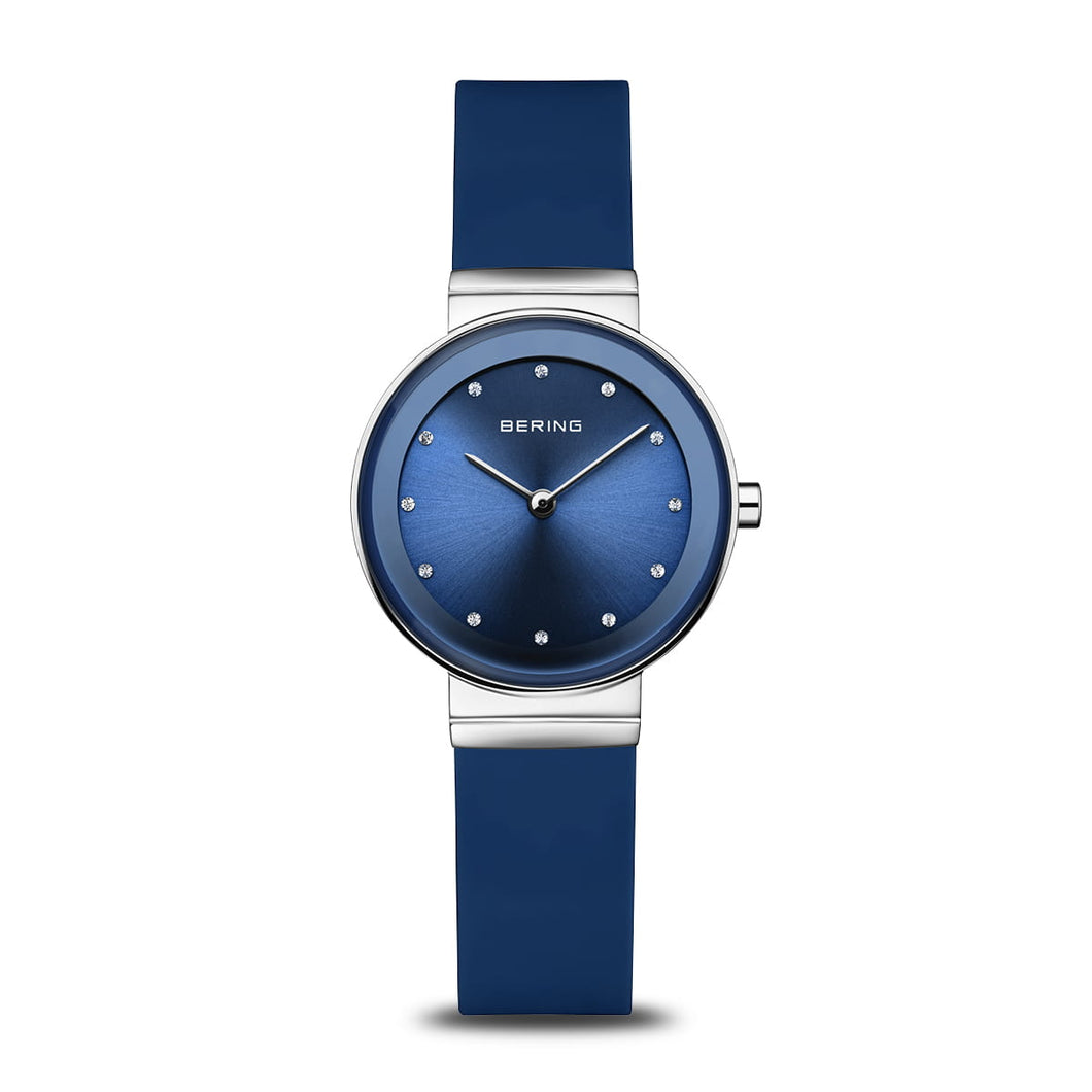 Bering Classic Watch with polished silver case and Dark Blue Silicon strap