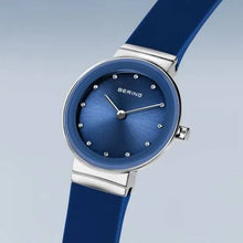 Load image into Gallery viewer, Bering Classic Watch with polished silver case and Dark Blue Silicon strap
