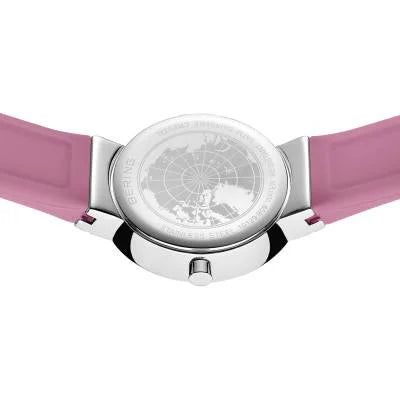 Bering Classic Watch with polished silver case and Pink Silicon strap, view 3