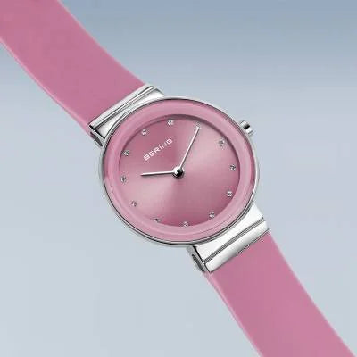 Bering Classic Watch with polished silver case and Pink Silicon strap, view 4