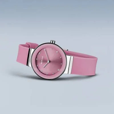 Bering Classic Watch with polished silver case and Pink Silicon strap, view 5