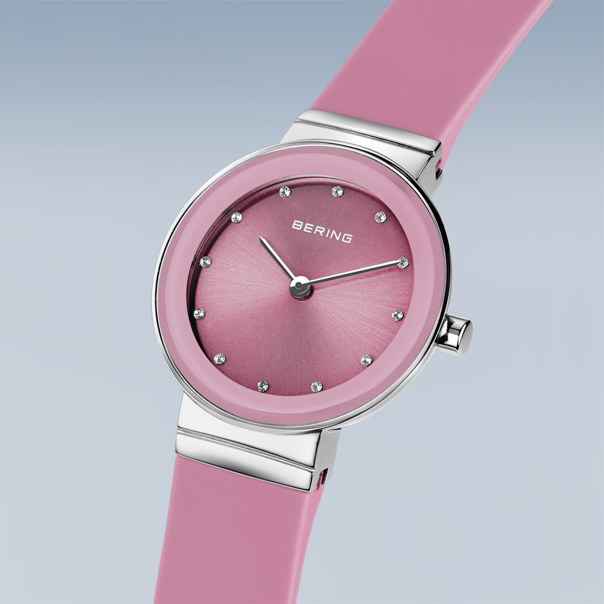 Bering Classic Watch with polished silver case and Pink Silicon strap, view 7
