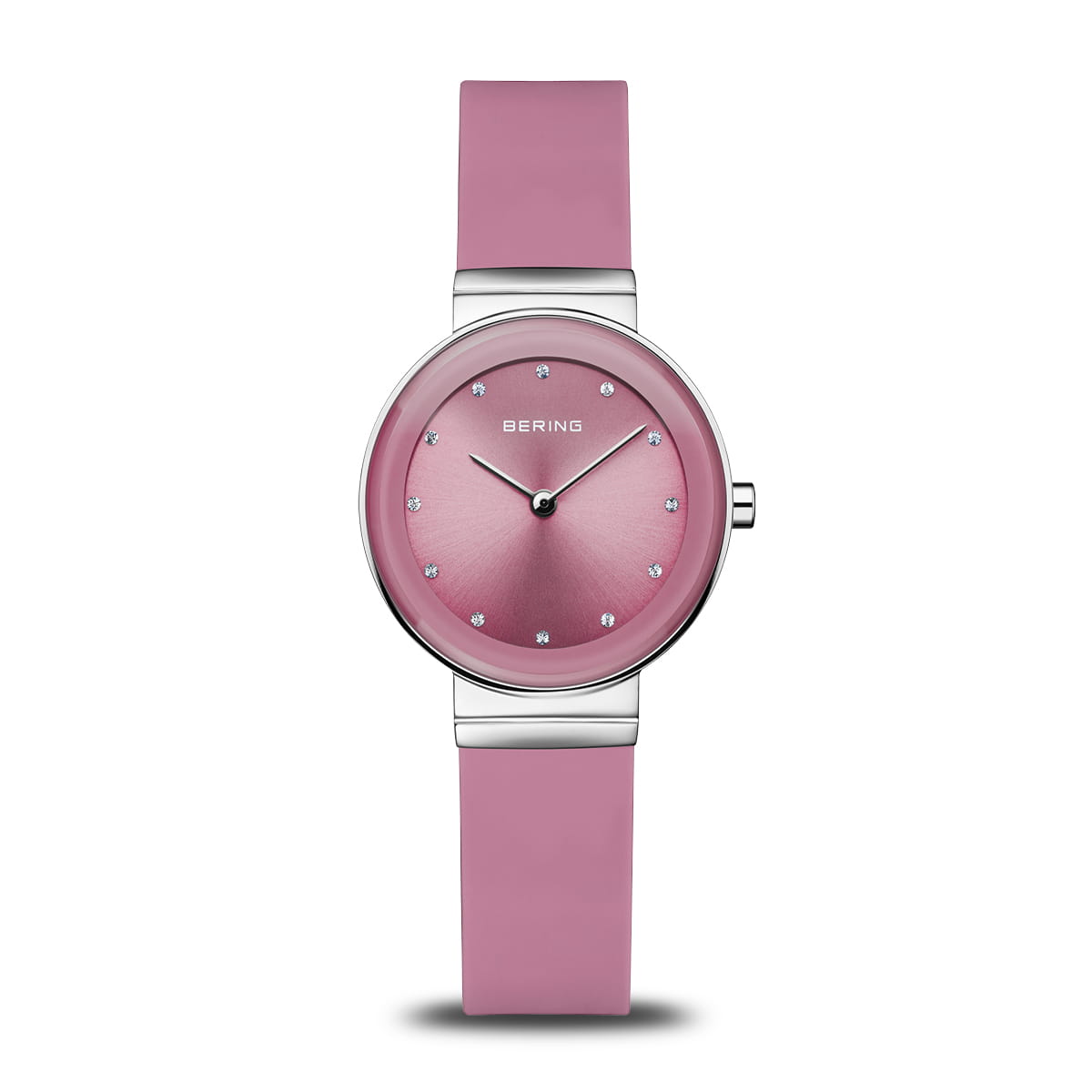 Bering Classic Watch with polished silver case and Pink Silicon strap