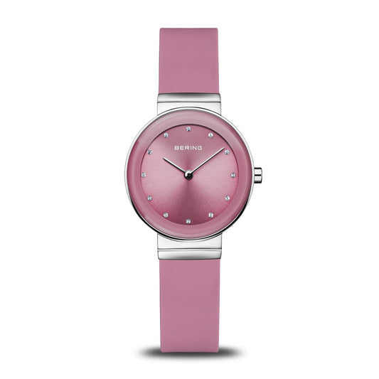 Bering Classic Watch with polished silver case and Pink Silicon strap