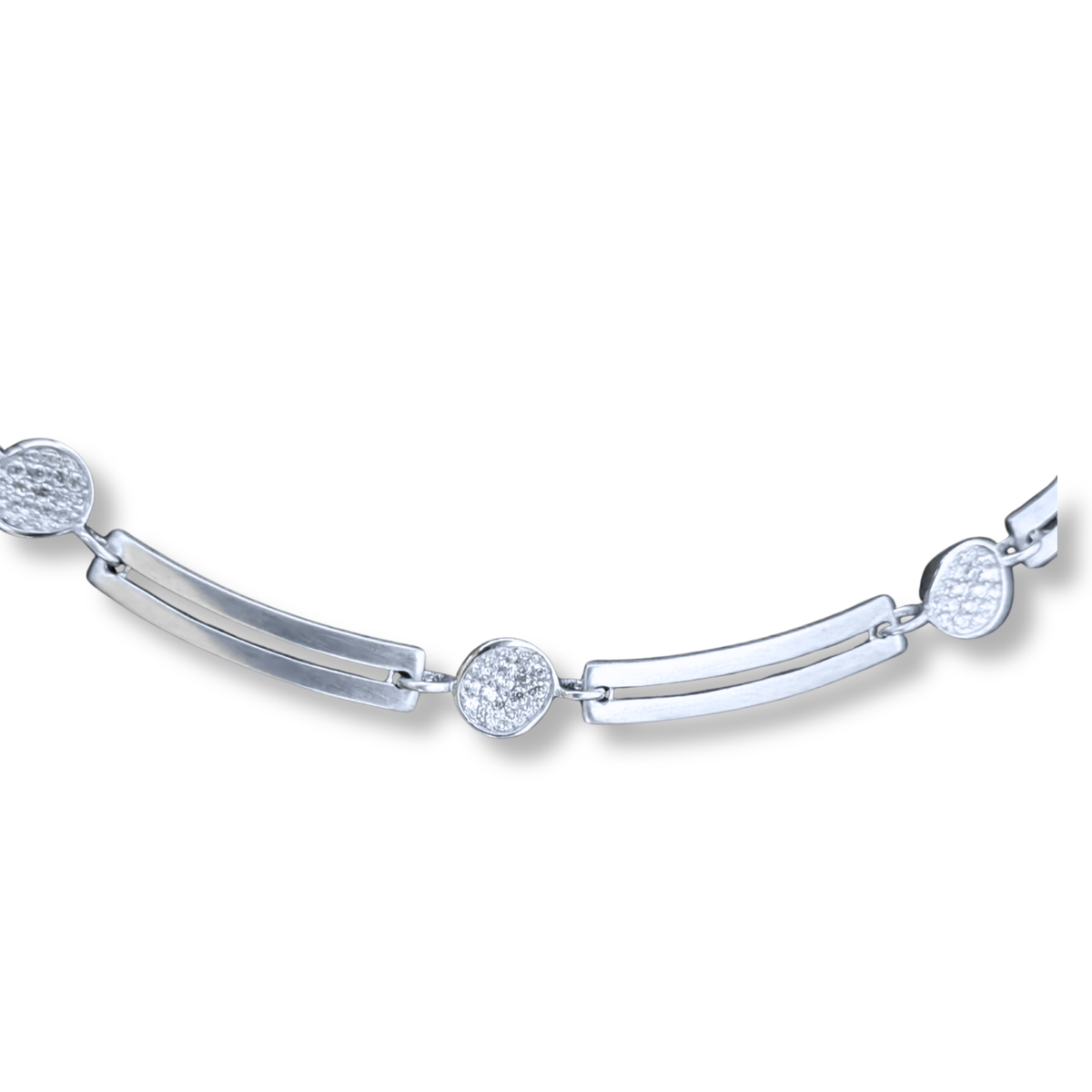 Sterling Silver Box Link Collar Necklace with Cubic Zirconia Discs, view 2