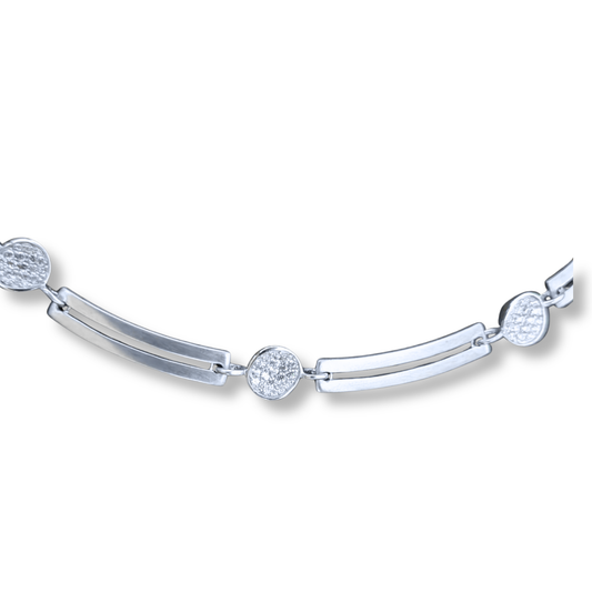 Sterling Silver Box Link Collar Necklace with Cubic Zirconia Discs, view 2