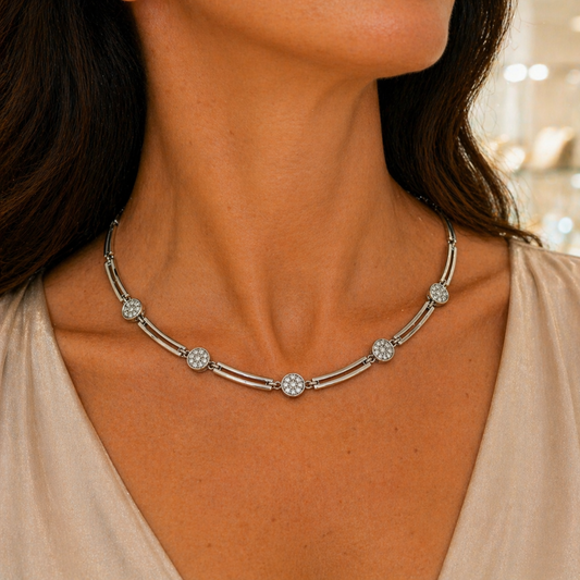 Sterling Silver Box Link Collar Necklace with Cubic Zirconia Discs, view 3