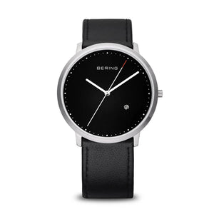 Classic Brushed Silver Bering Watch Black Leather Strap