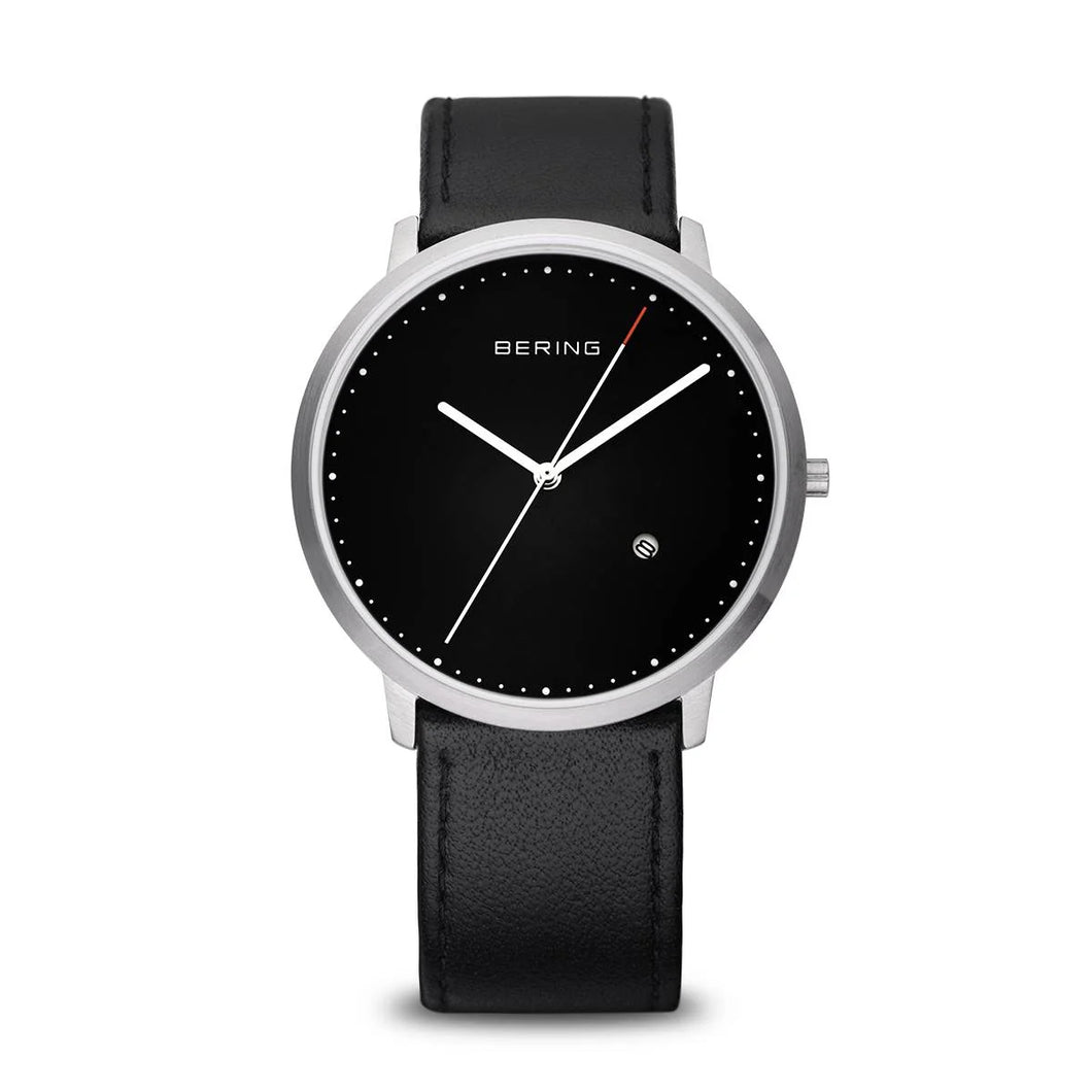Classic Brushed Silver Bering Watch Black Leather Strap
