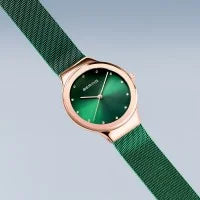 Load image into Gallery viewer, Bering polished rose gold coloured green mesh strap Ladies Watch
