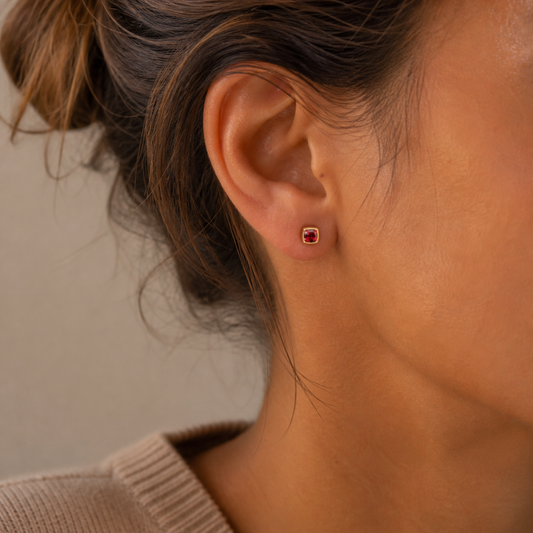 9ct Gold Garnet Cushion Stud Earrings, view 2