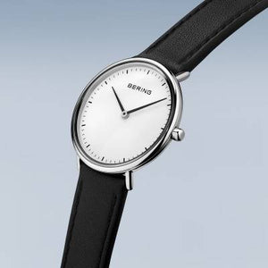 Classic Ultra Slim White Face Leather Strap Ladies Bering Watch
