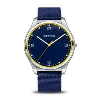 Load image into Gallery viewer, Bering ultra slim polished brushed silver Mens Watch Blue face Nato Strap
